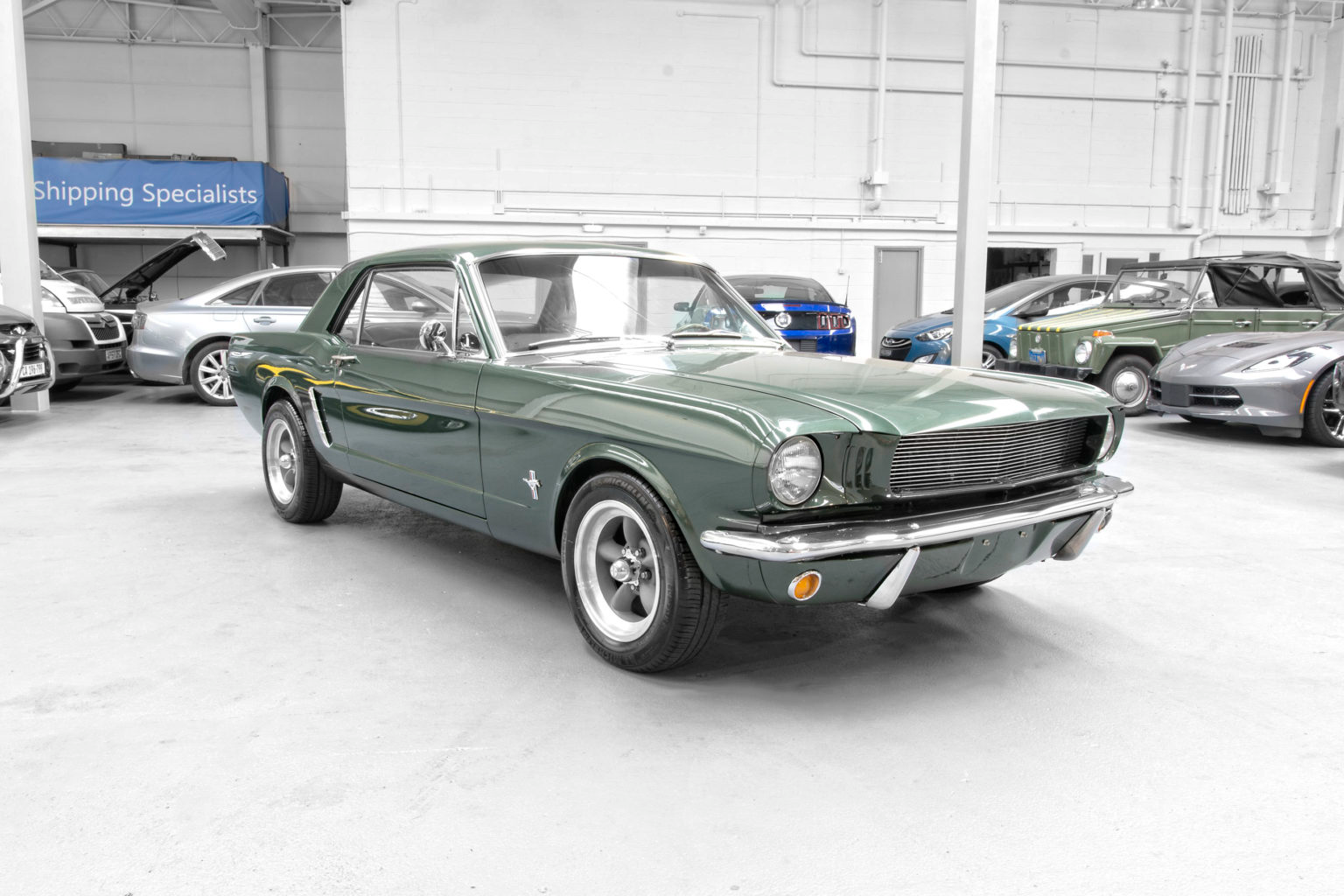 Engine bay of a classic 1965 Ford Mustang