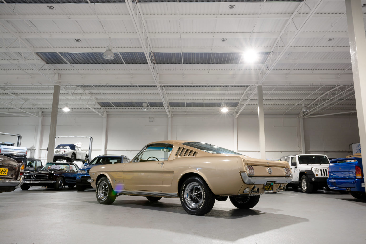 Front view of a classic 1965 Ford Mustang undergoing UK conversion