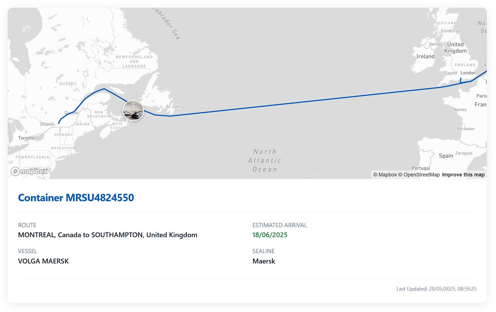Online portal showing container tracking for car shipping.